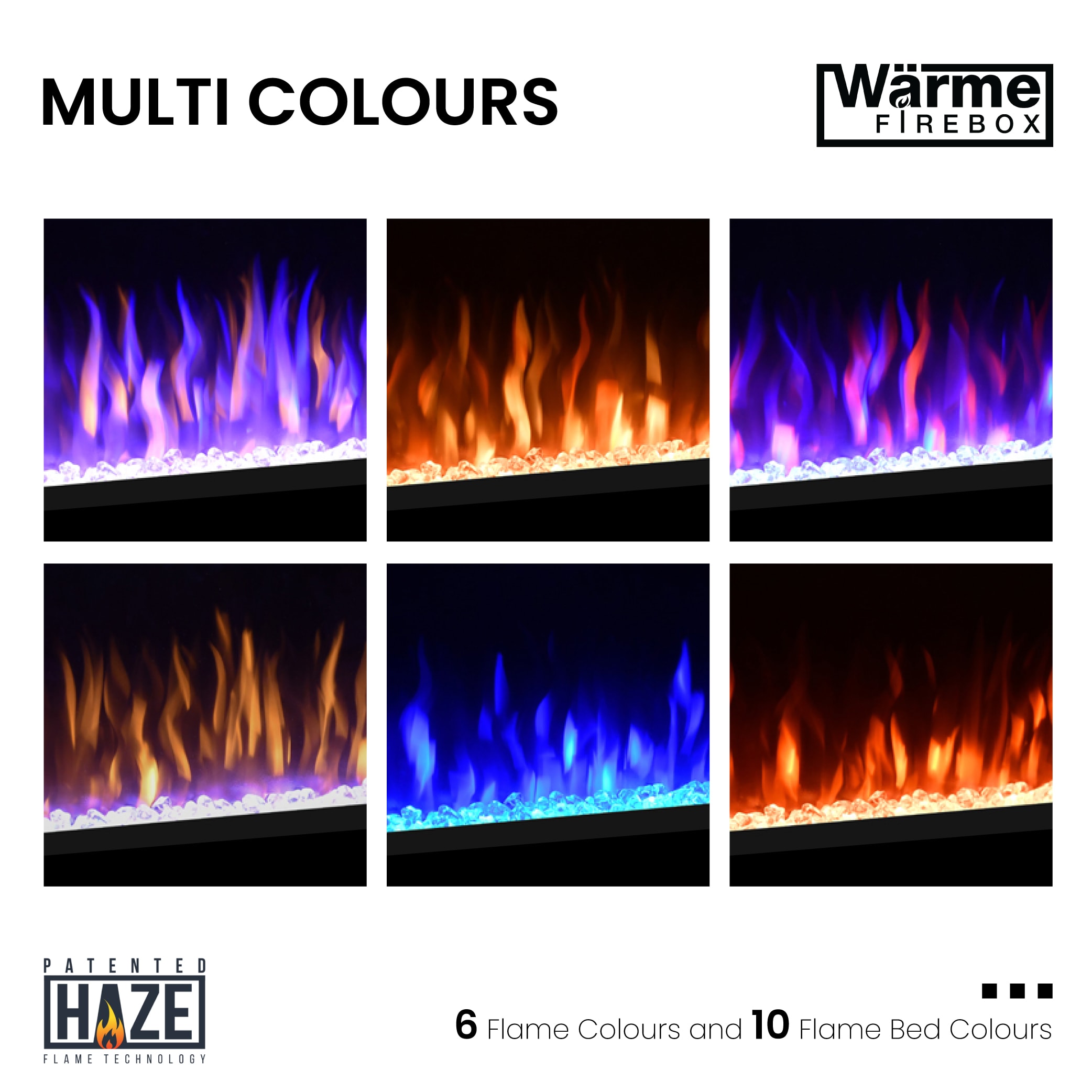 A colorful illustration showing various customization options for electric fireplaces.