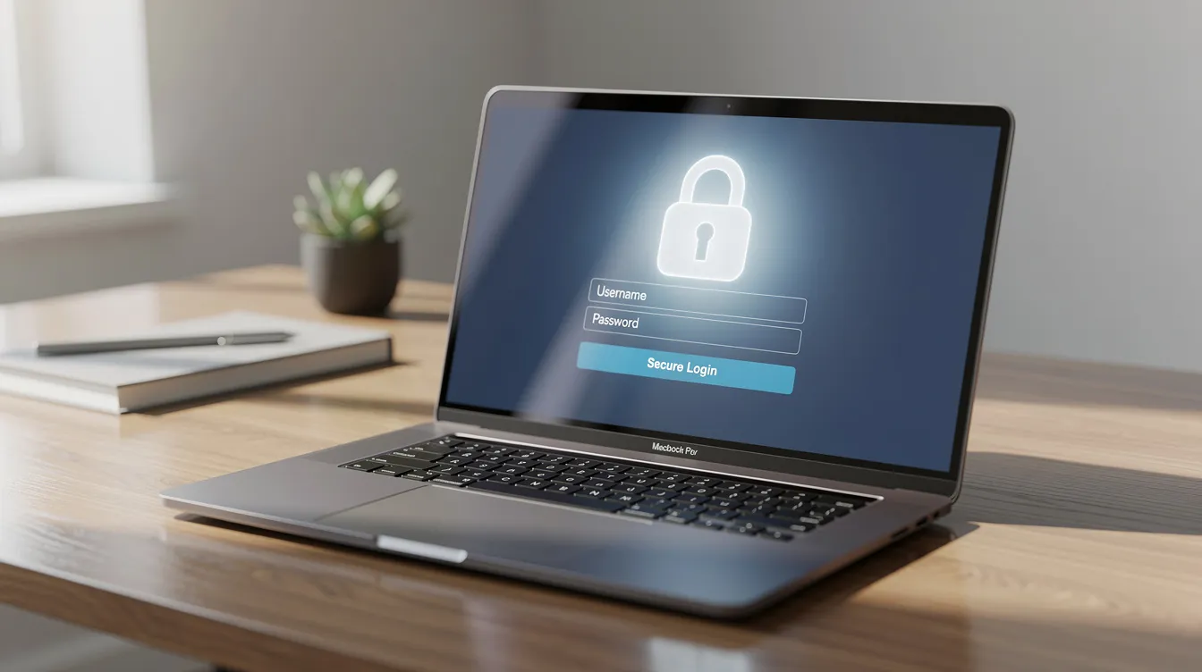 The image shows a laptop on a desk displaying a login screen with a lock icon, symbolizing secure online banking. This setup represents the safety features of an online banking platform, essential for conducting international money transfers and managing transactions efficiently.