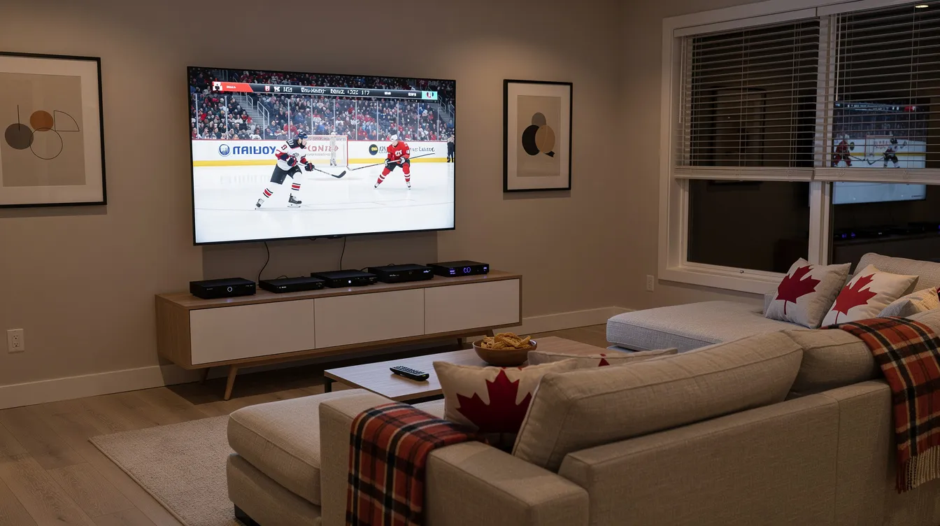 The image depicts a modern Canadian living room featuring a large flat-screen smart TV displaying a live hockey game, with various streaming devices like Apple TV and an Android box neatly arranged on the media console. This inviting space reflects the convenience of IPTV Canada services, perfect for enjoying sports channels and other live TV content.