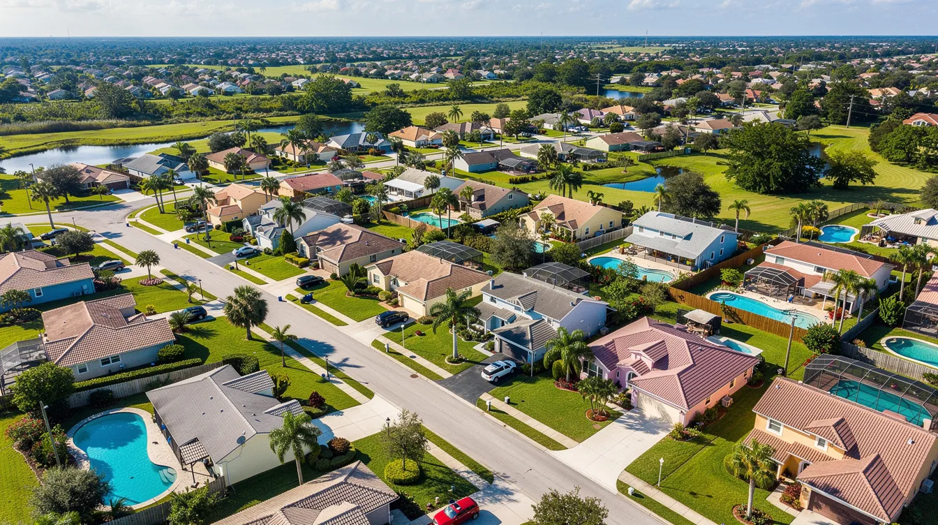 An aerial view of residential neighborhoods in Orlando, Florida, showcases a sunny day filled with houses featuring swimming pools. This vibrant scene highlights the local lifestyle, emphasizing the appeal of Orlando's residential areas for potential homeowners and businesses in the HVAC industry.