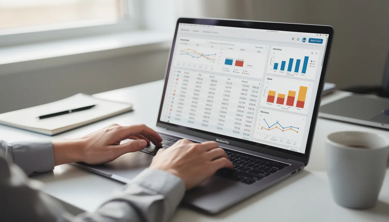 A person is focused on their laptop, analyzing spreadsheets and data visualizations that display relevant data points for a programmatic SEO strategy. The screen showcases Google Sheets with organized information, emphasizing the importance of keyword research and user intent in optimizing landing pages.
