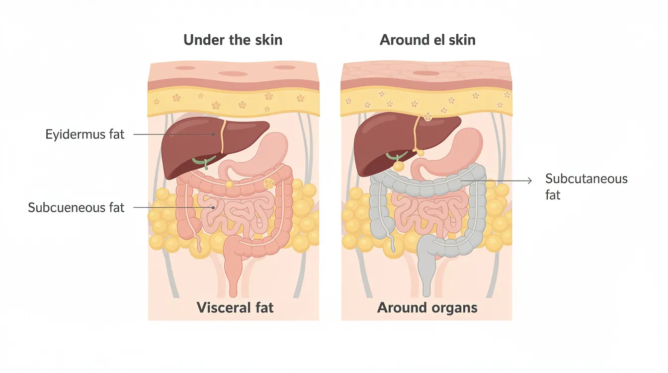 The image is a professional diagram illustrating the differences between subcutaneous fat, located just beneath the skin, and deeper visceral fat surrounding abdominal organs. This visual representation aids in understanding body sculpting techniques aimed at fat reduction and the impact of excess fat on overall health.