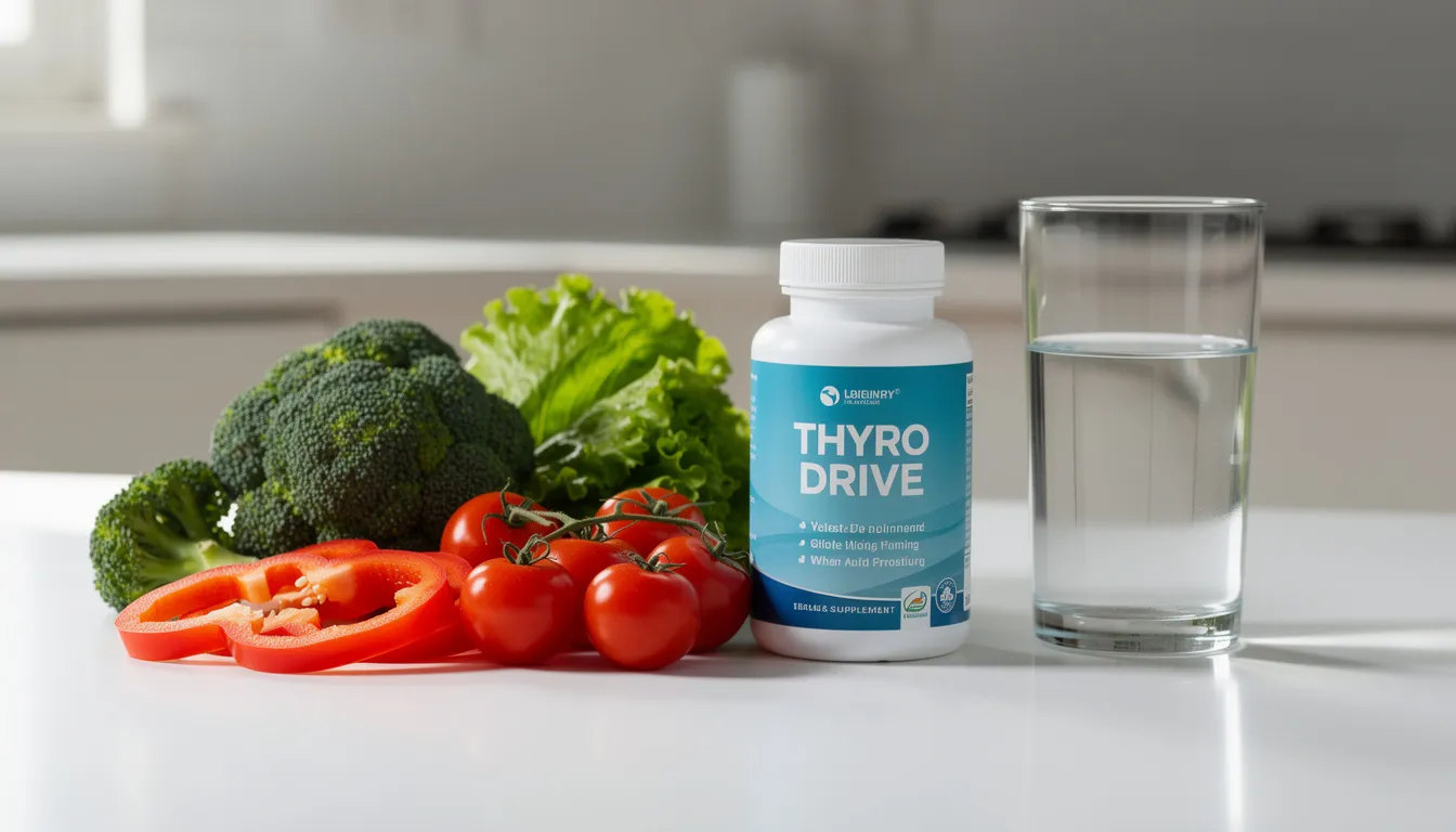 A bottle of Thyro Drive supplement, designed to support healthy thyroid function, is positioned next to an assortment of fresh vegetables and a glass of water, highlighting a healthy lifestyle. The setting emphasizes the product's benefits, such as being gluten free, dairy free, and caffeine free, making it suitable for various dietary needs.