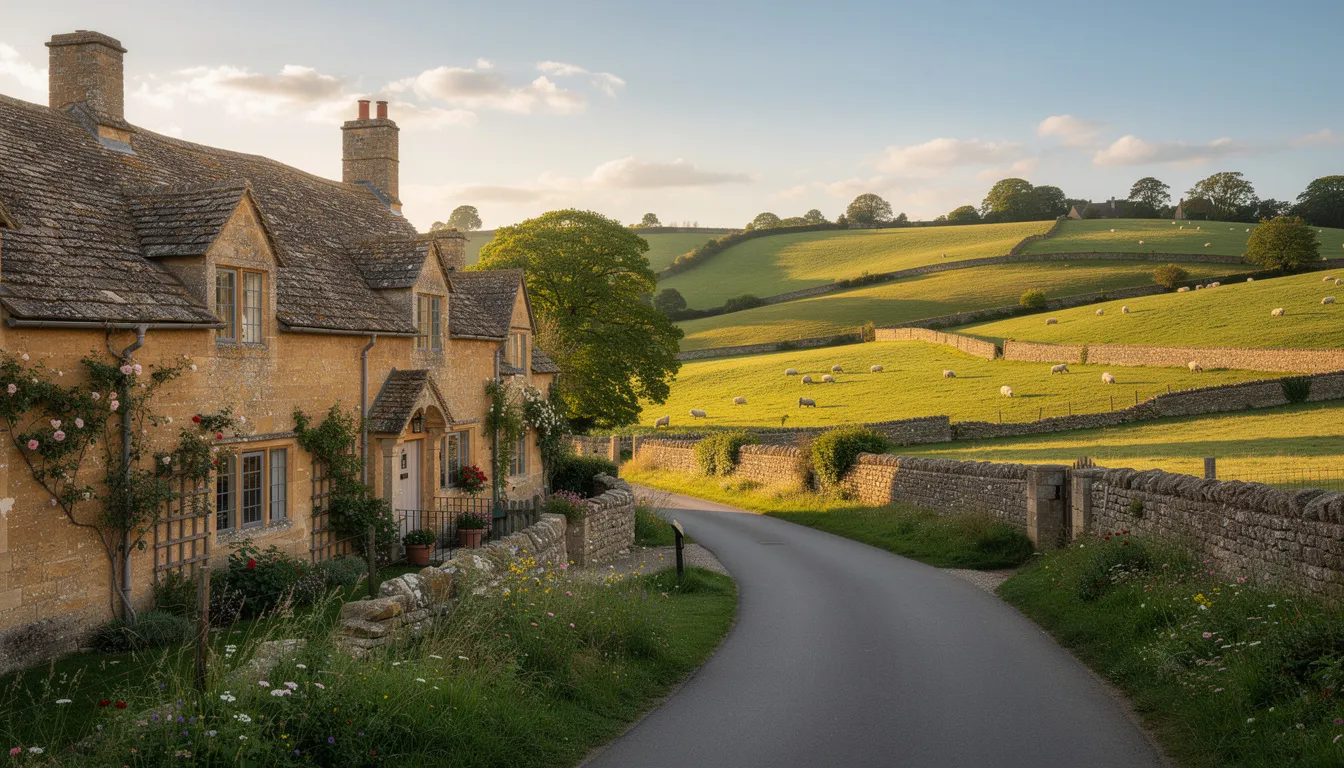 Ce paysage des Cotswolds présente des maisons en pierre typiques entourées de collines verdoyantes, évoquant la beauté pittoresque de la campagne anglaise. C'est un endroit idéal pour louer une voiture et explorer les charmants villages du Royaume-Uni.
