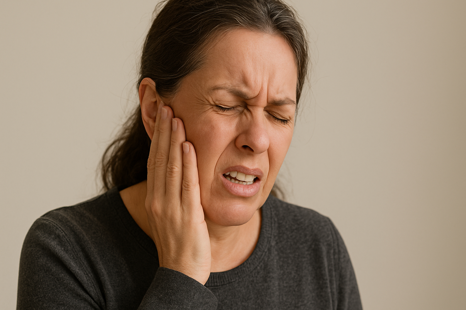 Trigeminusnevralgi: Når Ansiktssmerter Går fra Irriterende til Uutholdelig 11 Kvinne med smertefullt uttrykk presser hånden mot kinnet – typisk ved trigeminusnevralgi.
