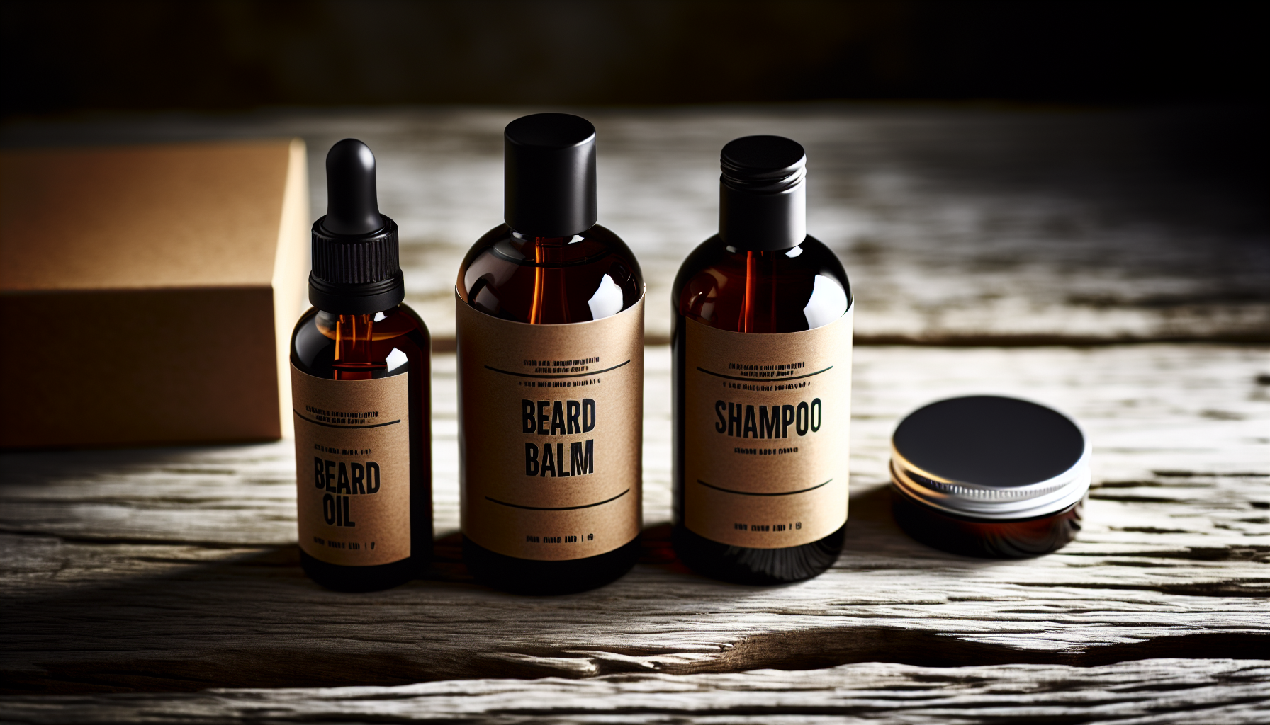 Bottles of beard oil, balm, and shampoo on a wooden surface