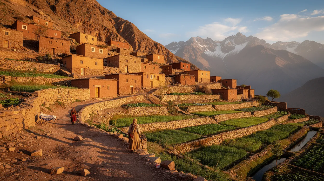 The image depicts a picturesque Berber village nestled in the High Atlas Mountains, featuring traditional stone houses surrounded by lush terraced fields. This scene captures the essence of rural life in Morocco, offering a glimpse into the local culture and daily customs of the region.