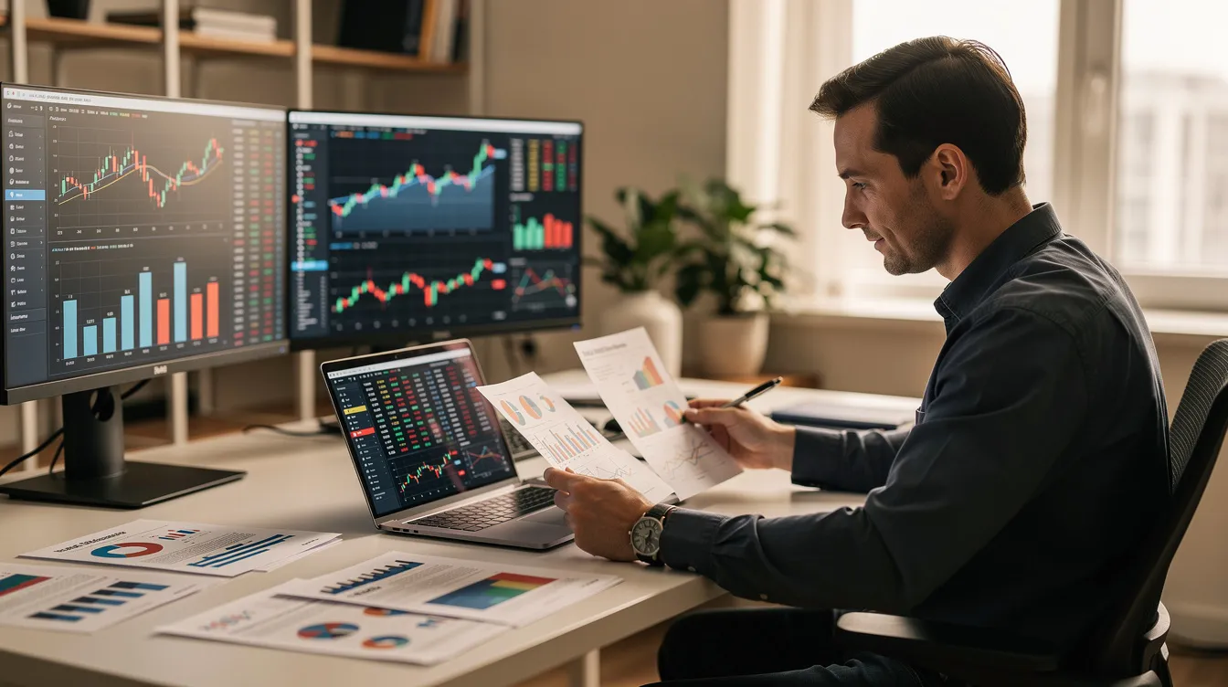 A financial analyst is seated at a desk, intently reviewing spreadsheets and charts on a laptop, which likely include key factors related to medical loans and financial assistance for patients. The scene reflects a focus on providing support for healthcare facilities and assessing eligibility criteria for funding options.