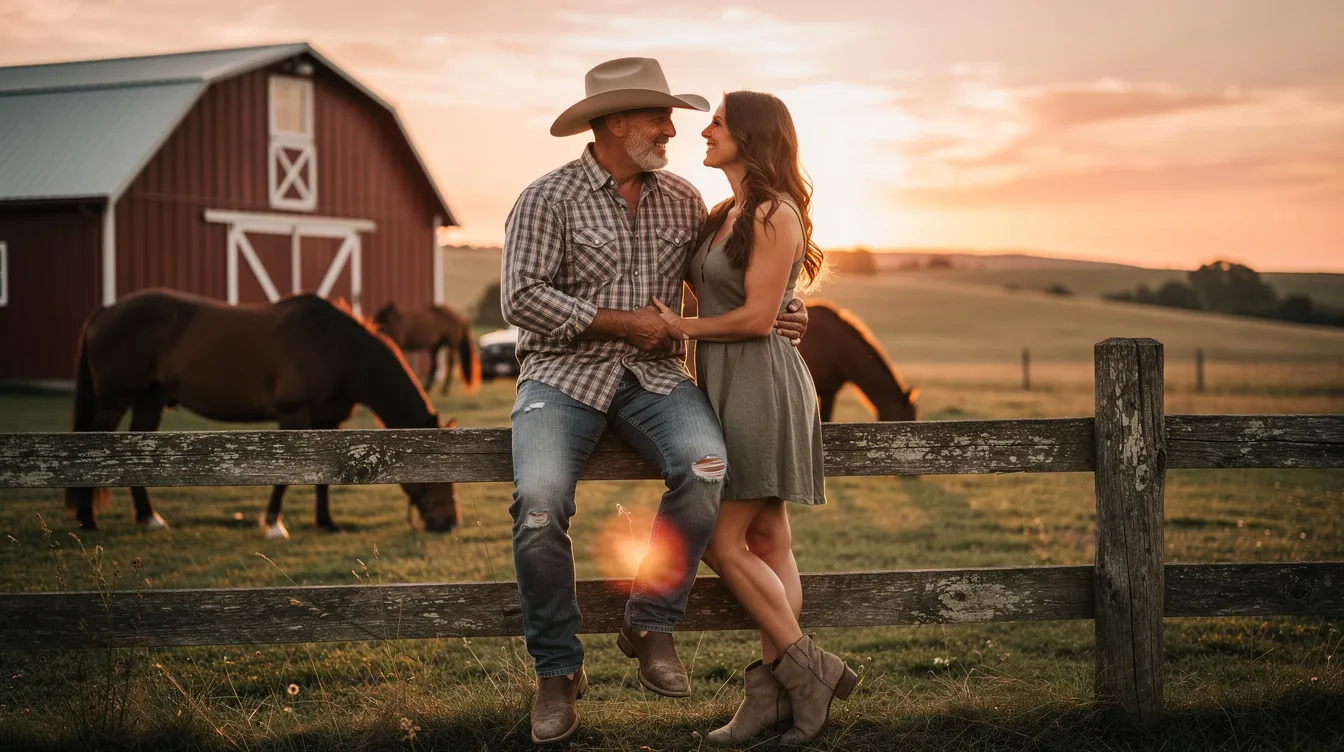 A cowboy and a woman are enjoying a romantic date at a ranch, surrounded by rustic scenery and horses, embodying the cowboy lifestyle. They share laughter and conversation, reflecting the charm of dating in the country, as they connect over their love for country music and the outdoors.