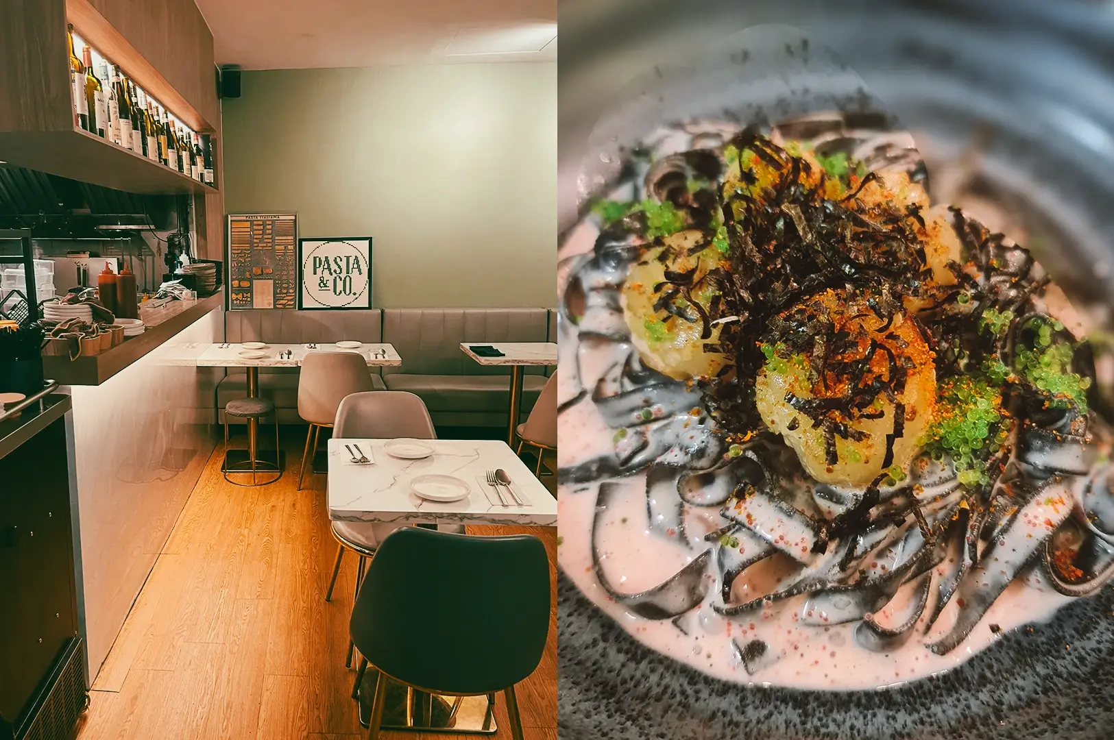 Left: Eye-level wide-angle interior of Pasta & Co at Fortune Centre, showing a cozy modern dining space with marble-top tables, cushioned seating, wooden flooring, open kitchen counter with shelves of bottles, and a wall sign reading ‘PASTA & CO’; Right: Close-up, top-down shot of a plated squid ink pasta dish with dark noodles in a creamy sauce, garnished with herbs, roe, and crispy seaweed, highlighting contrasting colors, textures, and fine dining presentation.