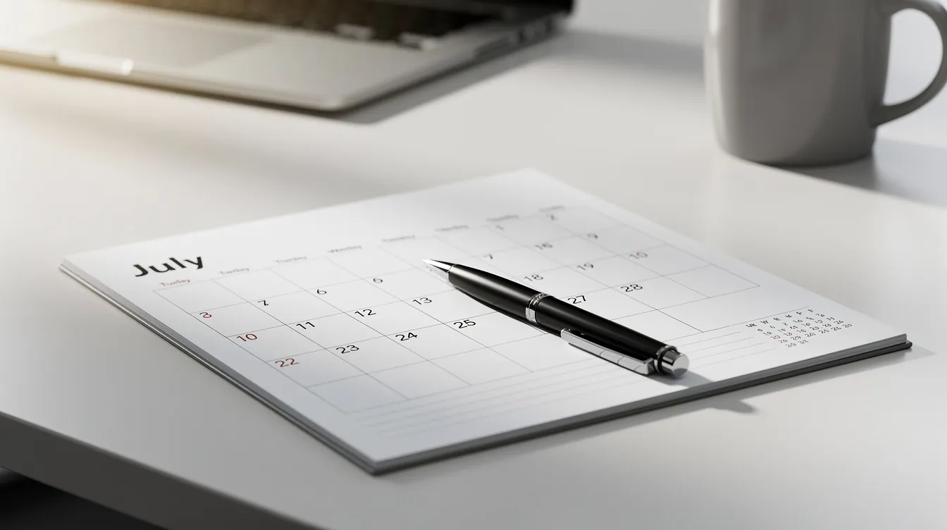 The image shows a professional desk calendar open to the month of July, with a sleek pen resting on top, suggesting organization and planning. This setup could be used in a dental office for scheduling appointments and managing billing for dental services.
