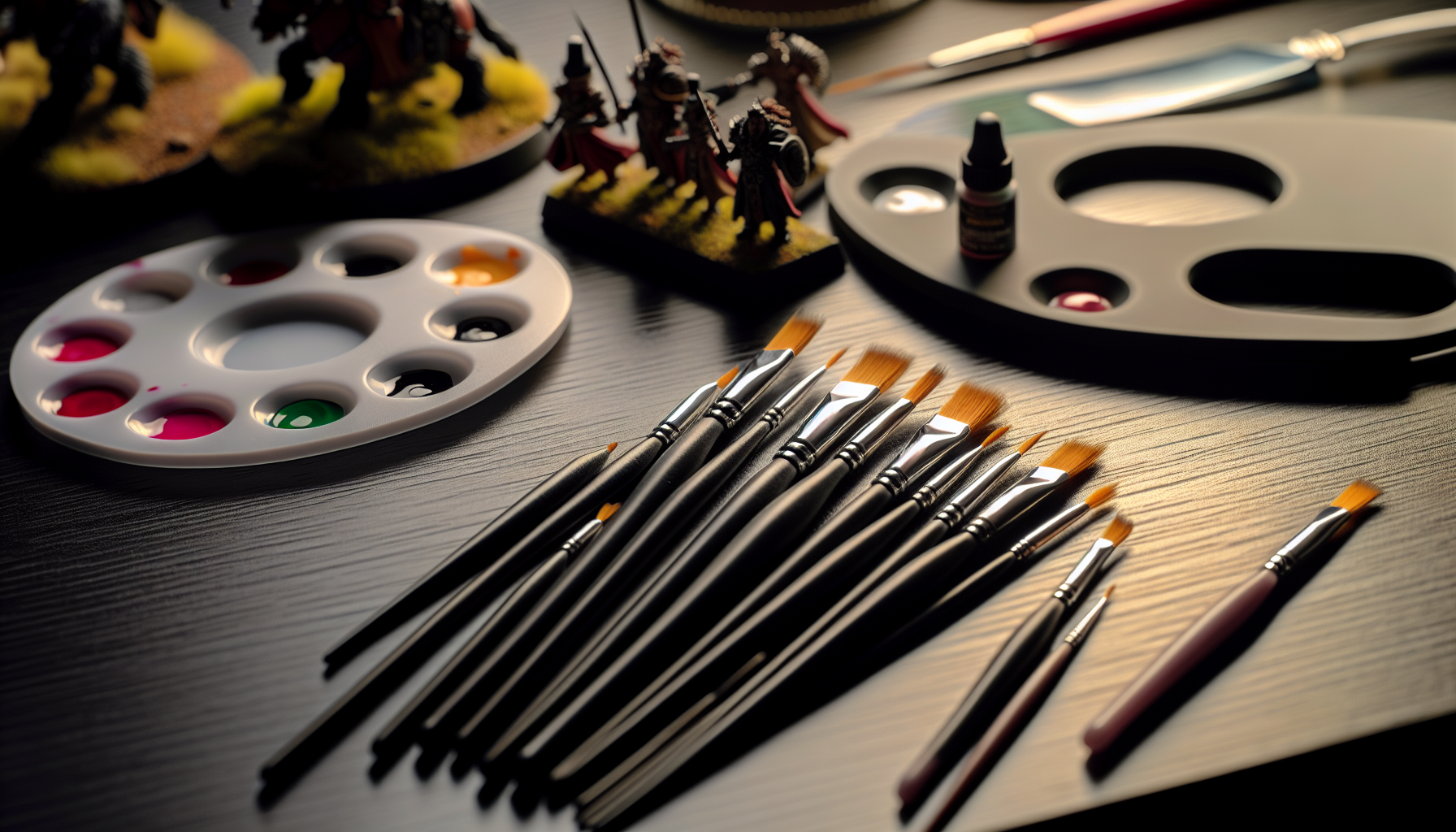 Various essential painting tools for miniatures