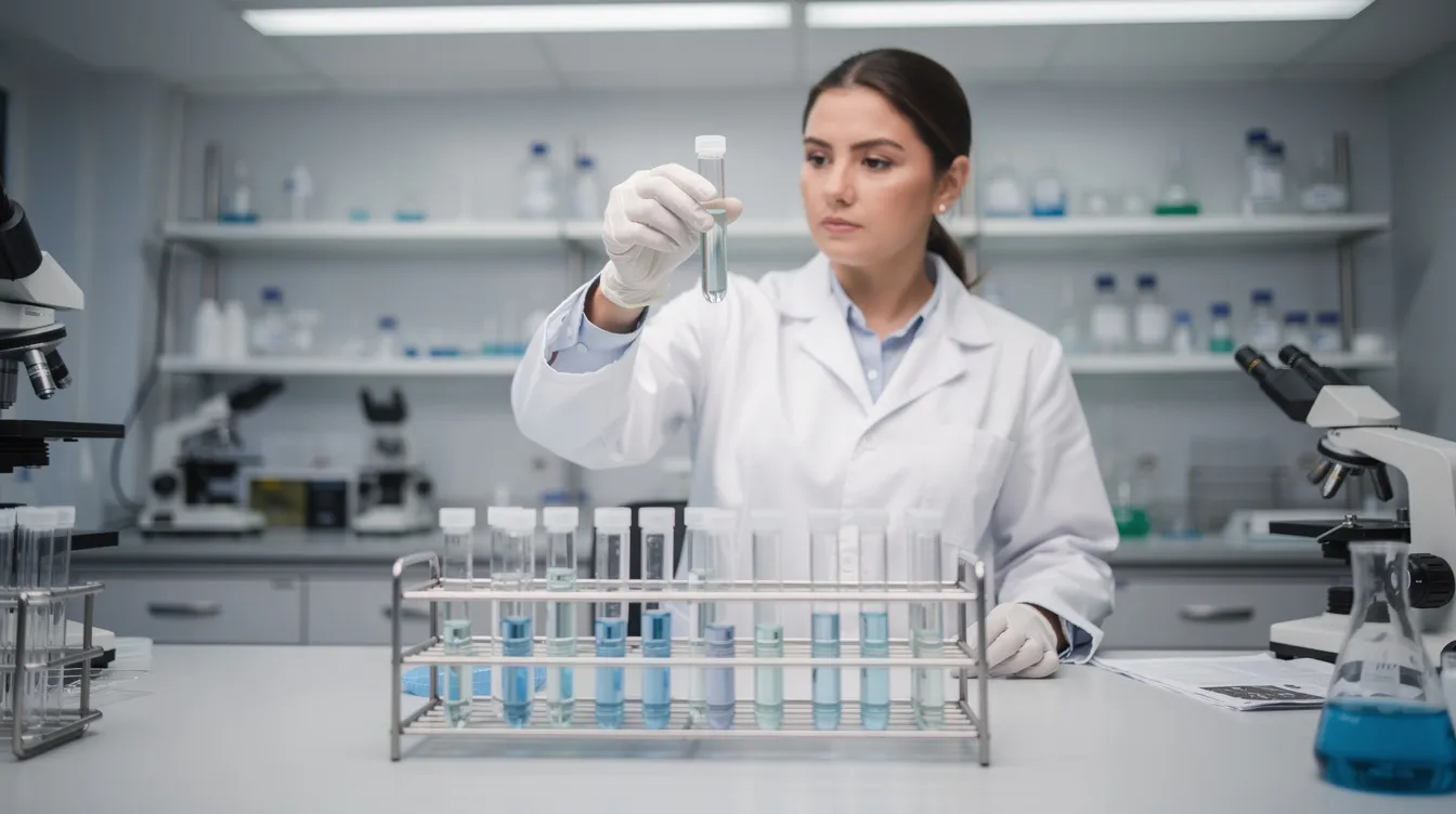 A laboratory scientist in a white coat carefully examines liquid samples contained in glass vials, likely related to hemp-derived products and cannabinoids from the cannabis plant. The setting suggests a focus on research and development in the field of hemp-derived delta and other compounds, emphasizing the scientific approach to understanding the legal and regulatory aspects of cannabis in states like New Hampshire.