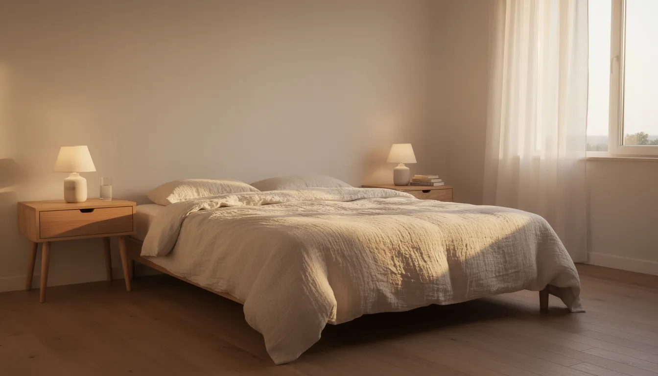 Een sfeervolle slaapkamer met linnen beddengoed en houten nachtkastjes, verlicht door zacht ochtendlicht dat door sheer gordijnen naar binnen stroomt. Deze rustige ruimte nodigt uit tot een goede nachtrust en biedt inspiratie voor het inrichten van jouw droom slaapkamer.