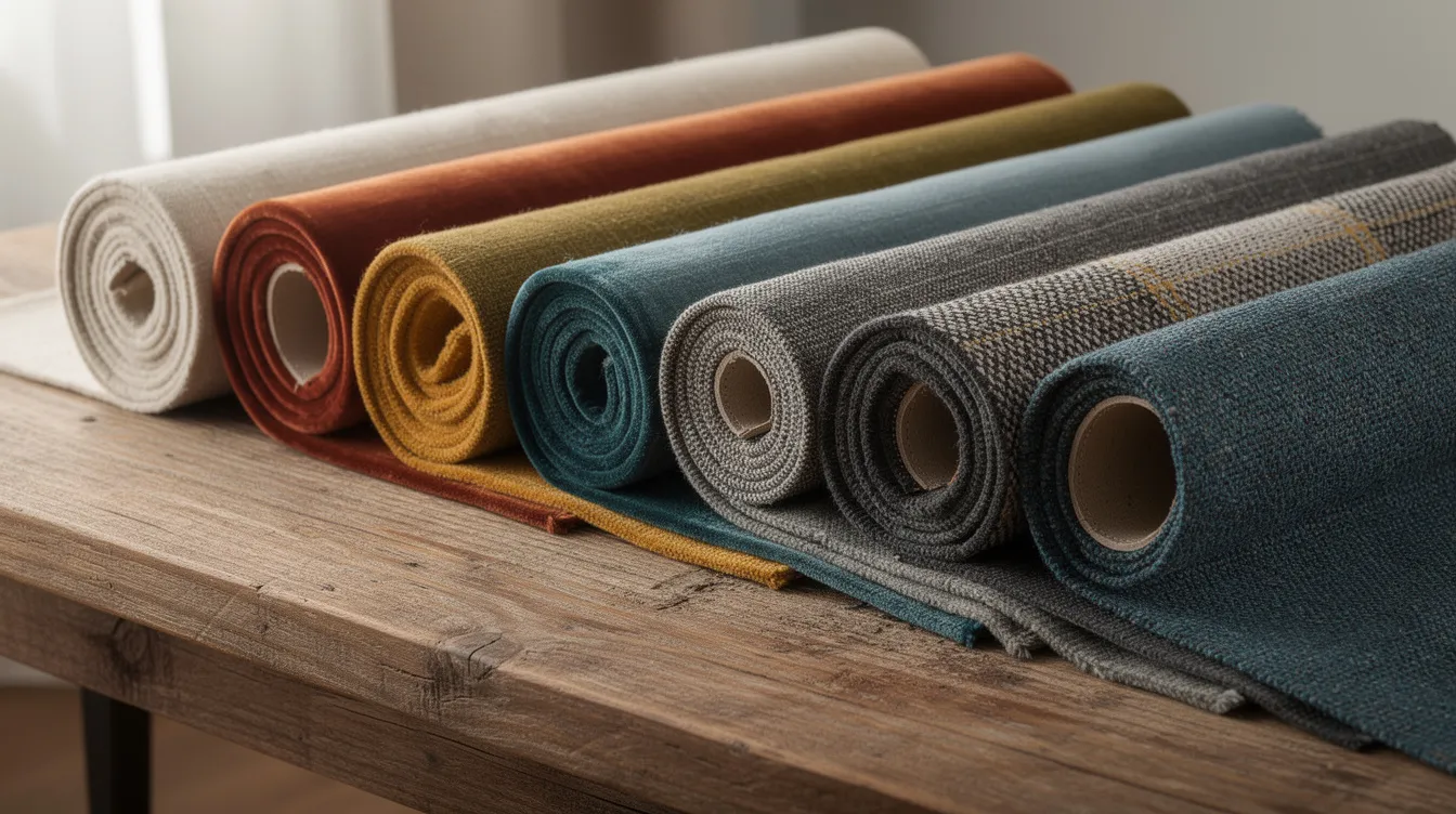 Op een houten tafel liggen verschillende rollen meubelstoffen in uiteenlopende kleuren en texturen, ideaal voor het opnieuw bekleden van eetkamerstoelen. Deze stoffen bieden een ruime keuze voor een compleet nieuwe uitstraling van meubels, perfect voor een ervaren stoffeerder.