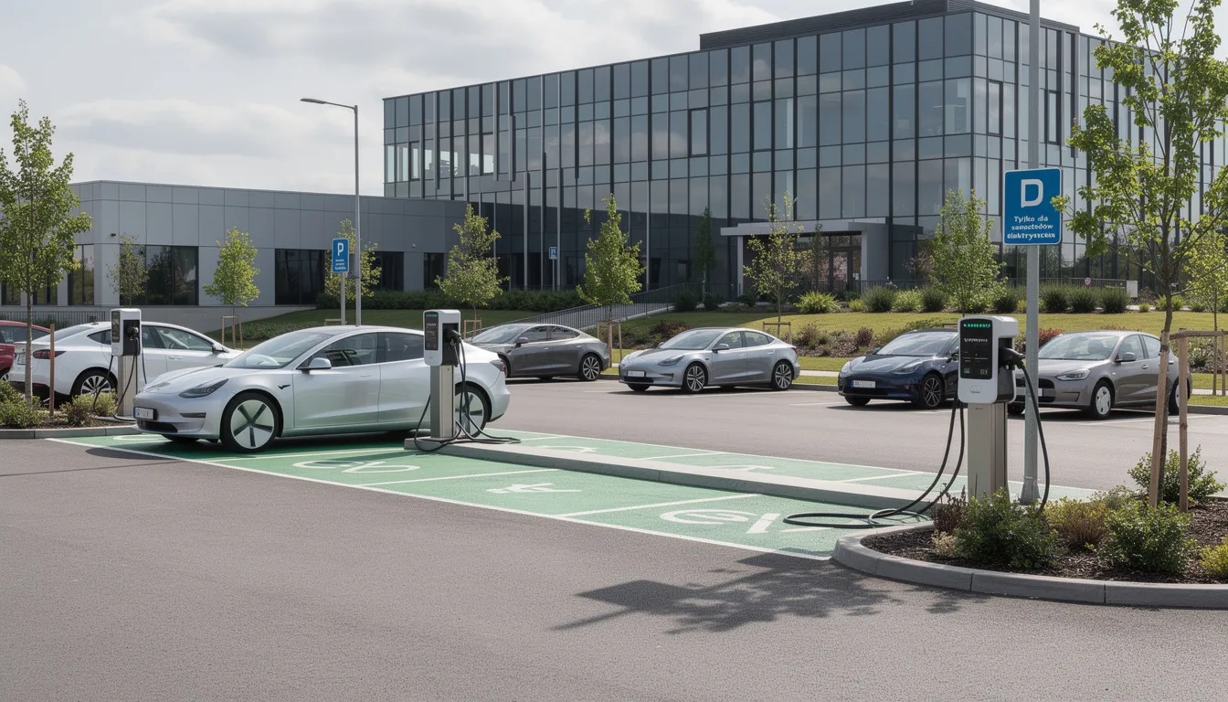 Na zdjęciu przedstawiony jest parking firmowy z kilkoma stanowiskami ładowania samochodów elektrycznych, gdzie widoczne są różne pojazdy elektryczne podłączone do stacji ładowania. W tle widać oznaczenia miejsc postojowych, które wskazują na dedykowane miejsca dla aut elektrycznych oraz instalację elektryczną do ładowania.