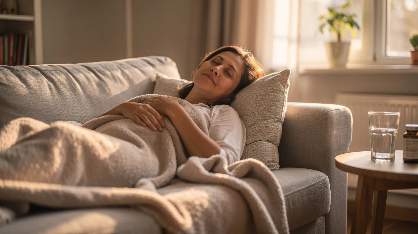 A person is resting comfortably at home with their eyes closed, showing a relaxed expression as they recover from eyelid surgery. The scene conveys a sense of tranquility, highlighting the healing process after a blepharoplasty procedure aimed at removing excess skin and rejuvenating the upper and lower eyelids.