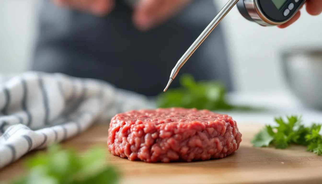 A food thermometer measuring the internal temperature of ground beef to ensure proper cooking.