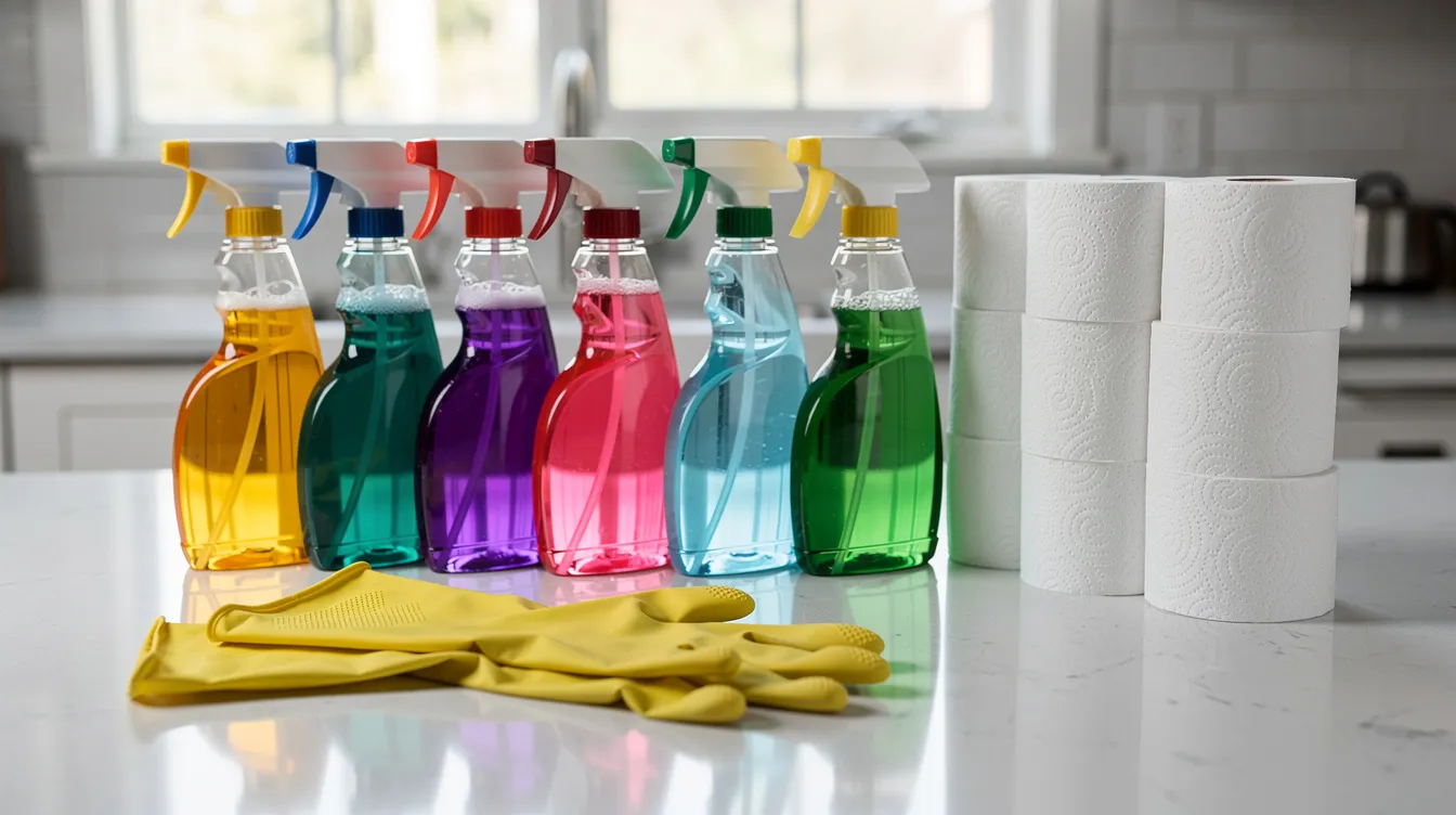 An array of cleaning supplies is neatly arranged on a counter, including spray bottles, rubber gloves, and paper towels, ready for use in the cleaning process to address rodent waste and prevent future infestations. The supplies suggest a focus on removing mouse urine and droppings while ensuring safety with appropriate personal protective equipment.