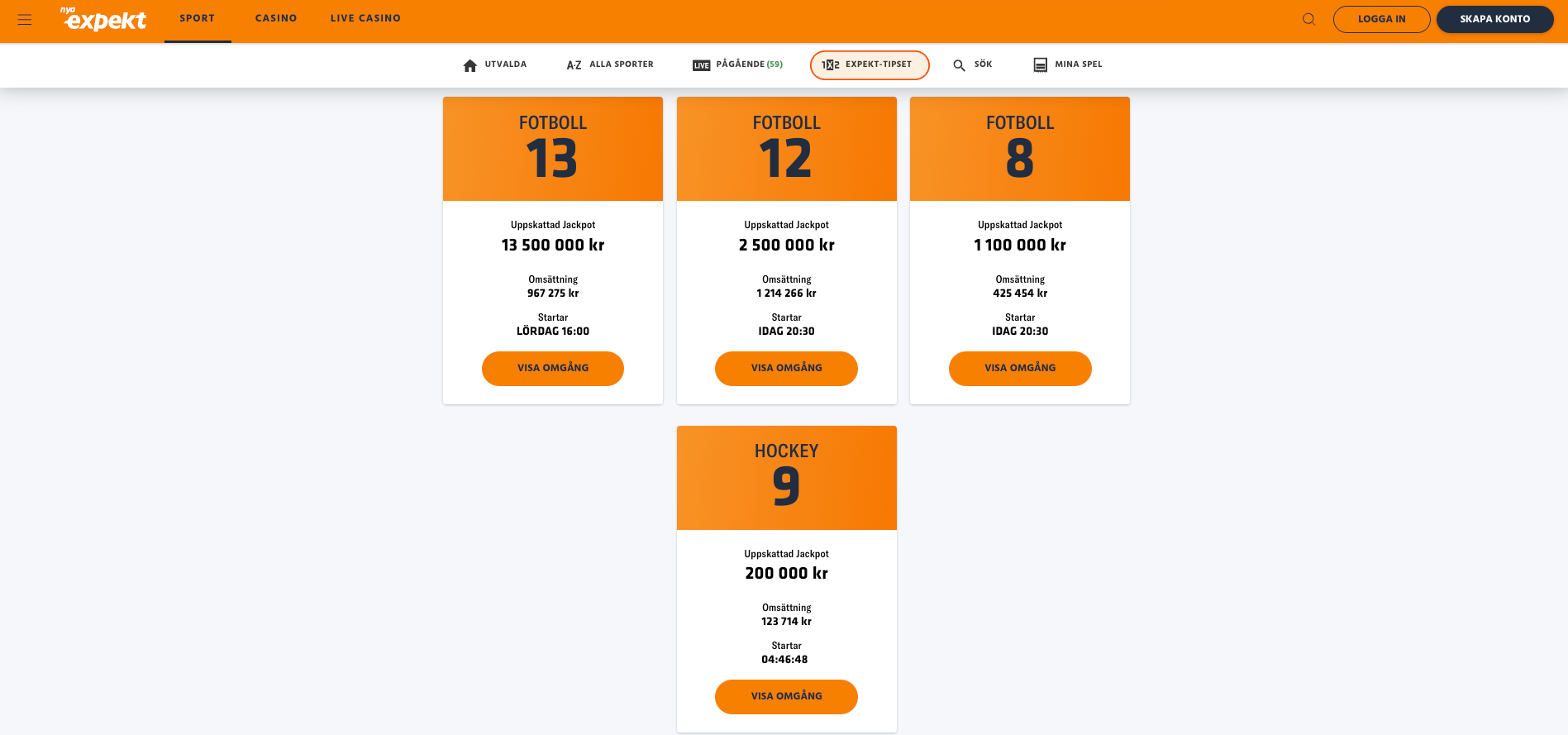 expekt-tipset fotboll 13, fotboll 12, fotboll 8 och Hockey 9