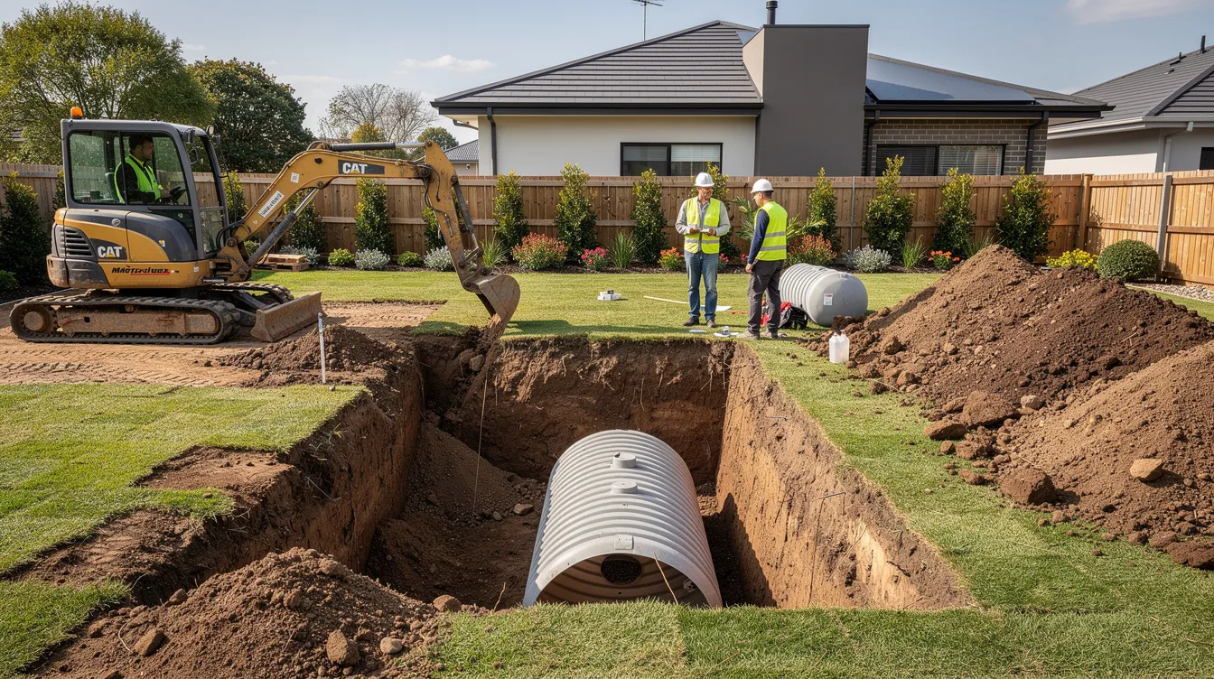 L'image montre des travaux de terrassement dans un jardin, où une cuve enterrée est en cours d'installation pour le traitement des eaux usées. Ce projet est essentiel pour le dimensionnement d'une micro station d'assainissement non collectif, garantissant un système efficace pour l'habitation.