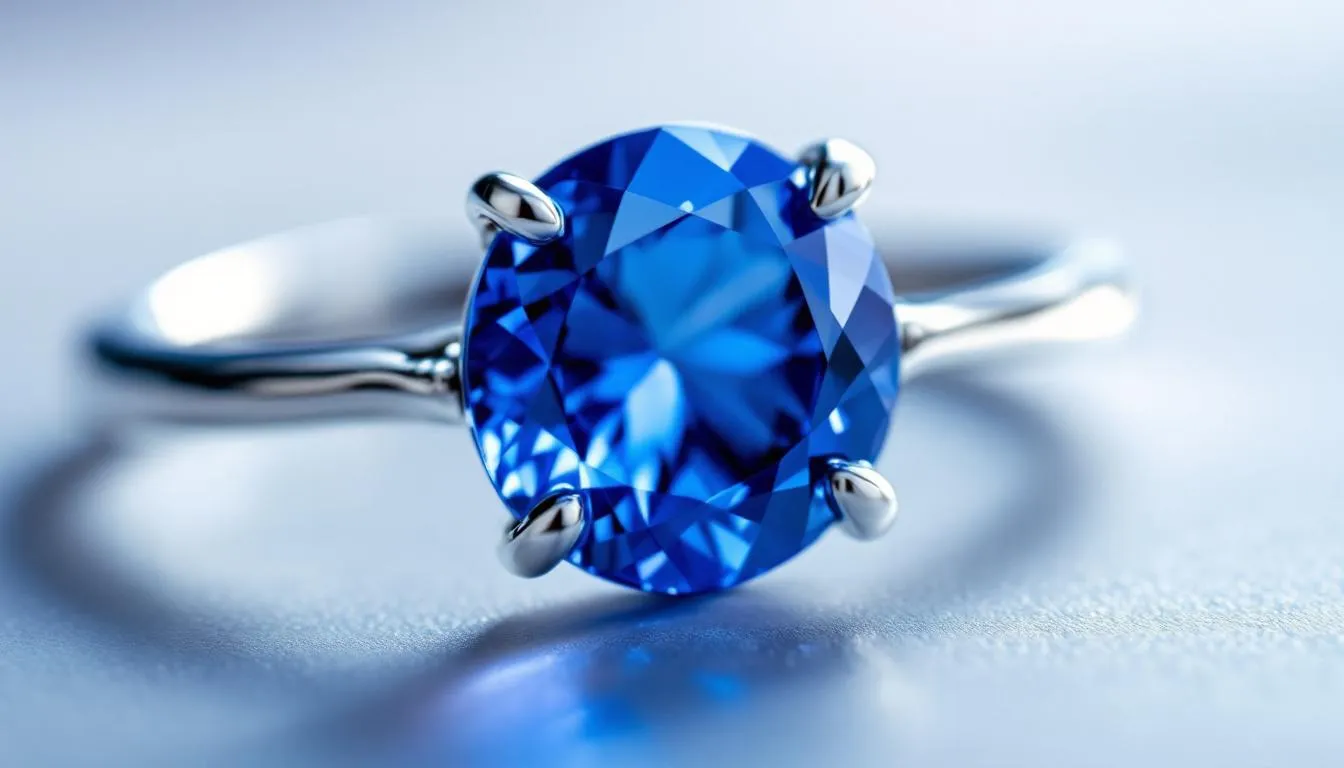 The image features a stunning blue sapphire, the September birthstone, renowned for its deep blue hue and symbolic association with wisdom and loyalty. This precious gem is often used in birthstone jewellery and is celebrated for its classic beauty and status as a symbol of good fortune.