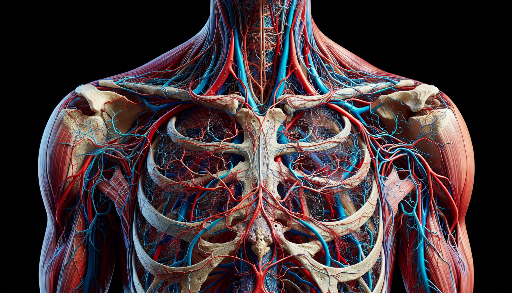Illustration of the complex anatomy of the thoracic outlet including brachial plexus and skeletal components