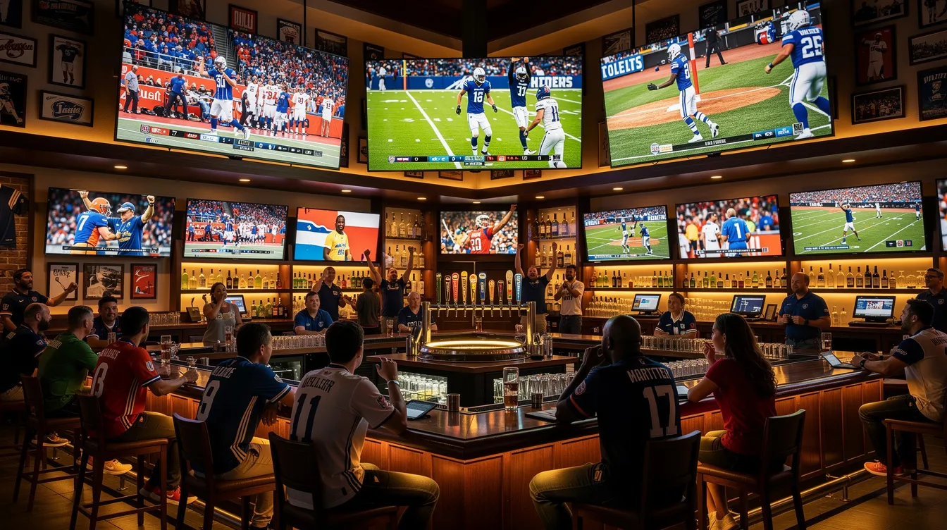 The image depicts the interior of a lively sports bar filled with patrons enjoying various live sports broadcasts on multiple television screens. The environment is vibrant, with a focus on entertainment, making it an ideal spot for sports fans, possibly benefitting from services like dstv installation in Bellville for optimal viewing experiences.