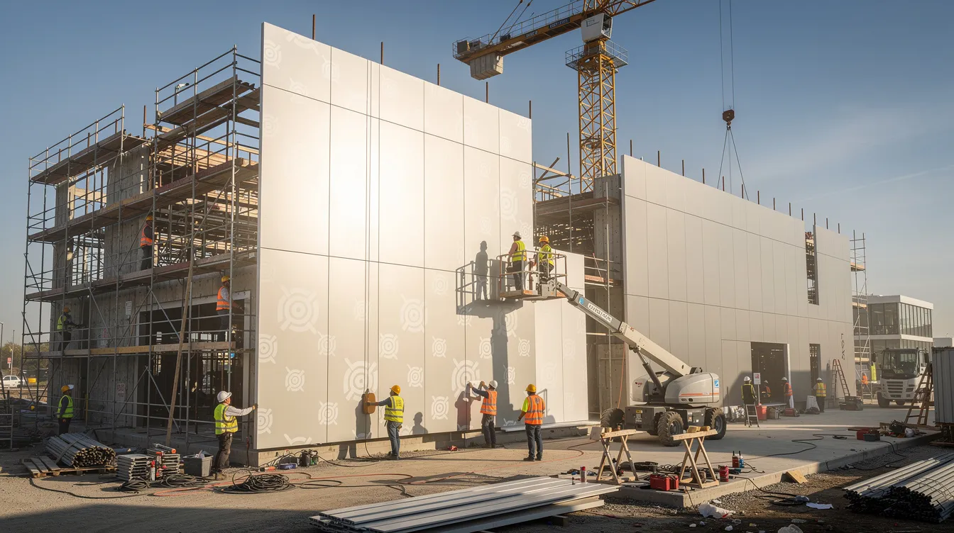 The image depicts a modern construction site where workers are actively installing branded building panels on a commercial structure, showcasing quality materials from a trusted building materials company. This scene highlights the importance of effective marketing strategies in the construction industry, emphasizing the role of building material suppliers in meeting project needs.