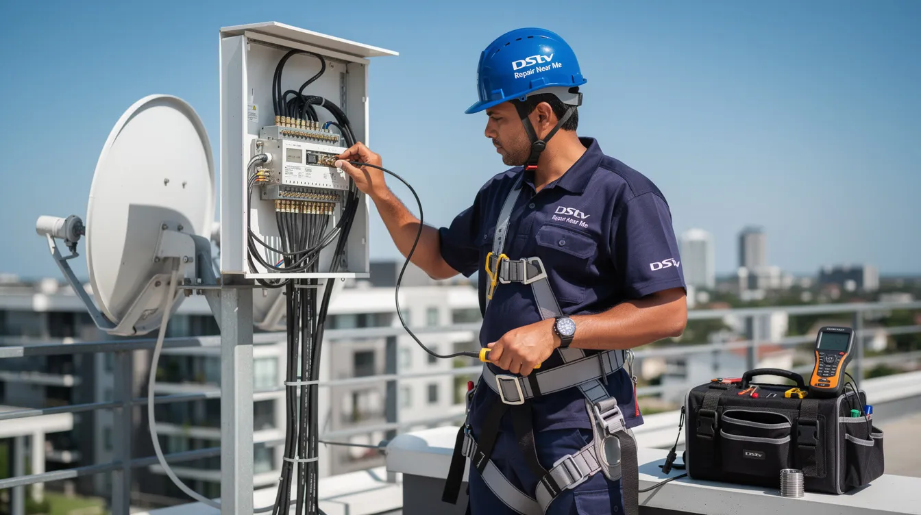 A DStv technician is seen repairing a commercial communal satellite distribution system, ensuring optimal signal quality for multiple TVs. The technician is focused on aligning the satellite dish and checking the connections, demonstrating professional service for DStv installation needs.