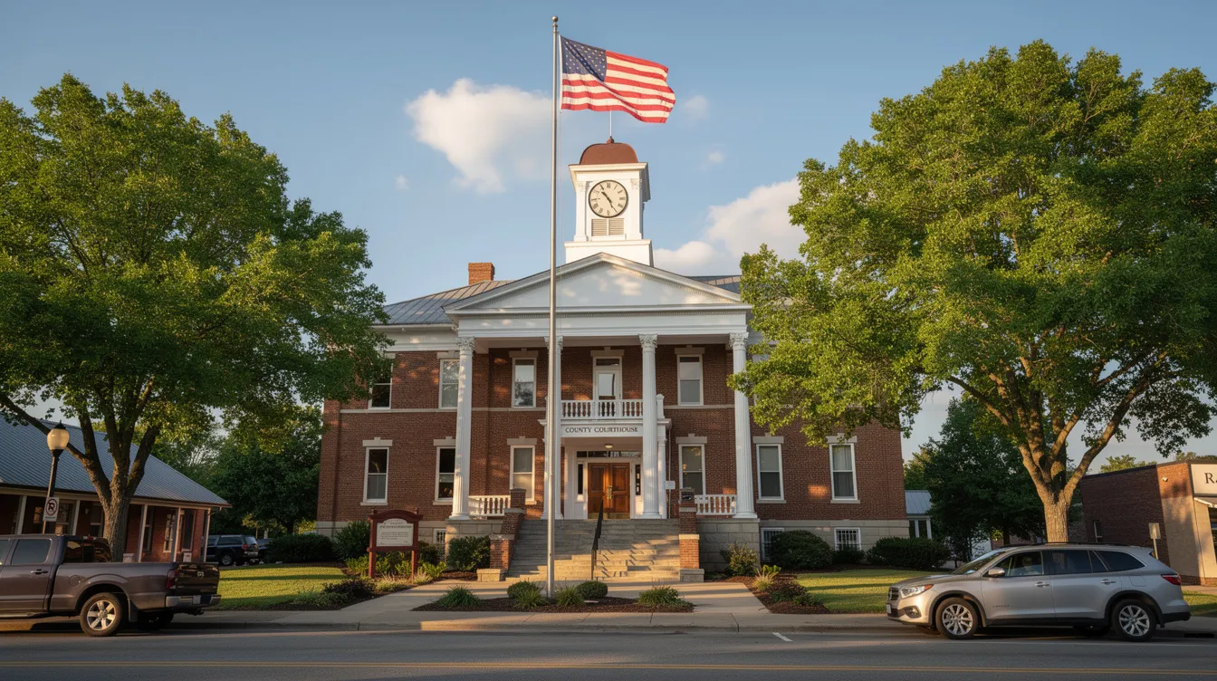 The image depicts a Tennessee courthouse exterior surrounded by lush trees, with an American flag prominently displayed, set in a quaint small-town atmosphere. This location represents a hub for legal matters, including business litigation and commercial disputes, where attorneys may represent clients in various legal issues.