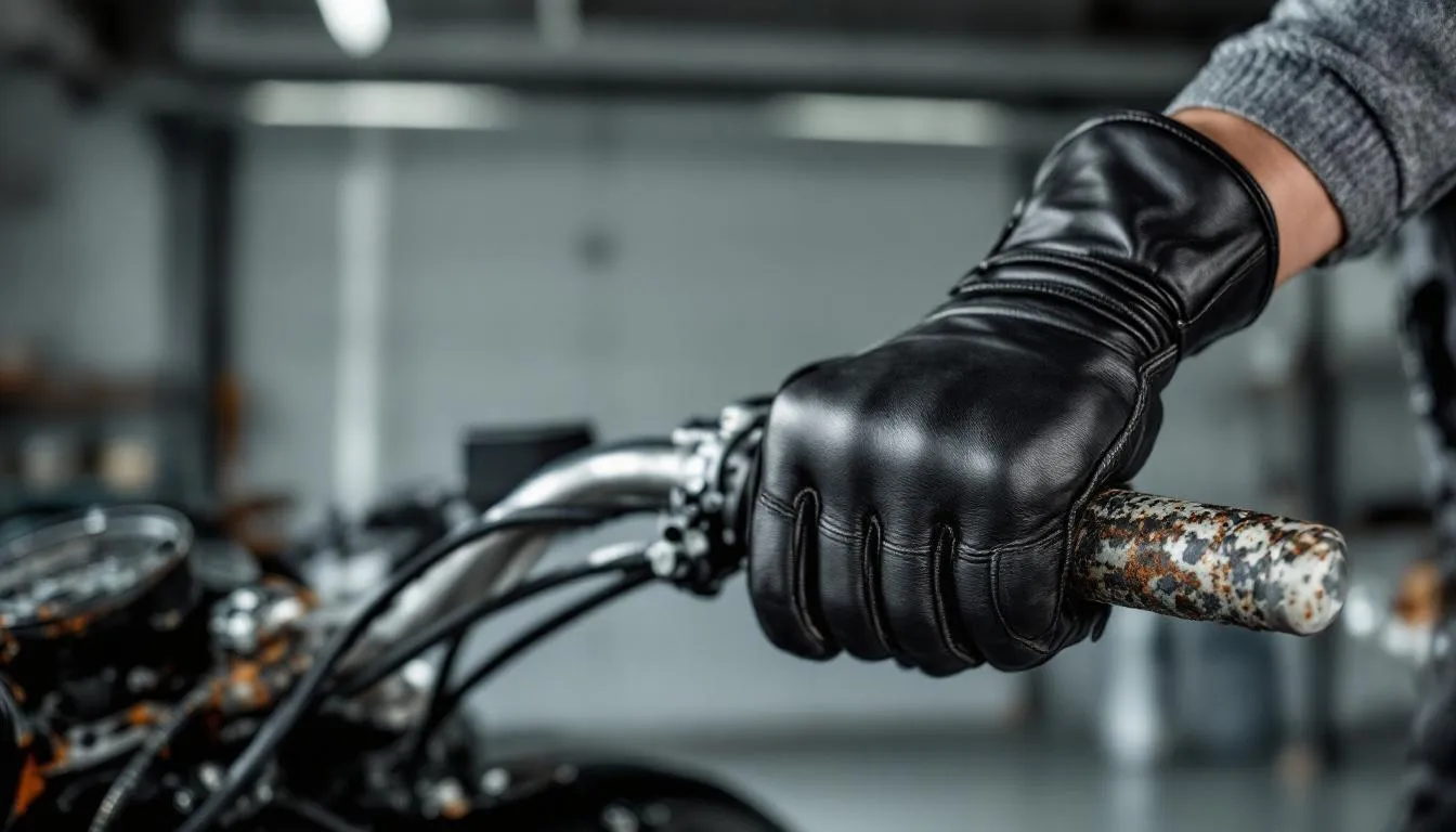 A person trying on motorbike gloves for fit and comfort.