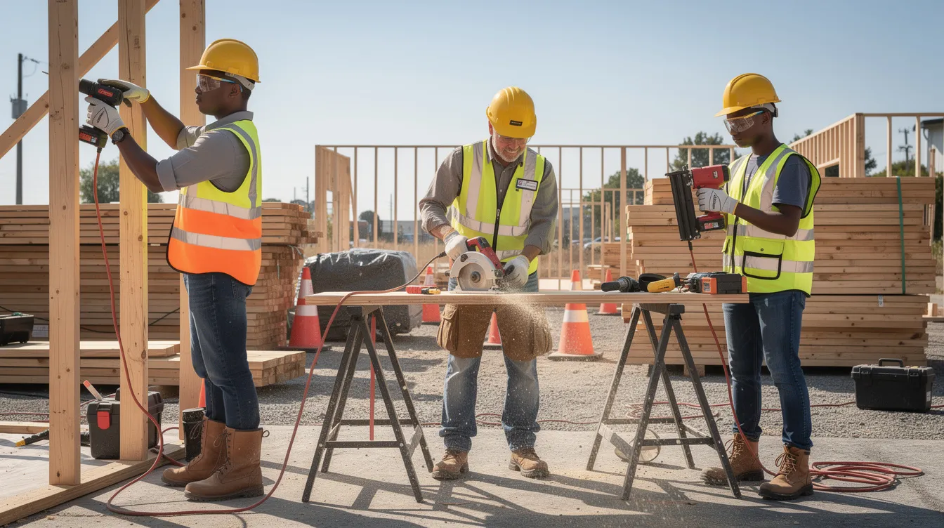 A group of young workers are engaged in an outdoor construction training yard, learning to operate various power tools essential for construction projects. This hands-on training is part of an apprenticeship program aimed at developing fundamental skills for a rewarding career in the construction industry.