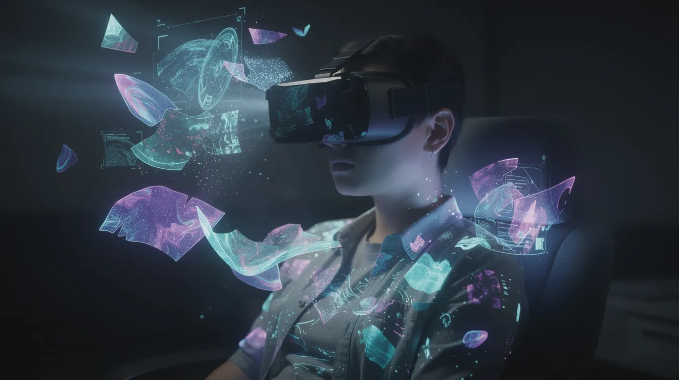 Eine Person trägt eine VR-Brille in einem abgedunkelten Raum, umgeben von lebhaften Lichtprojektionen, während sie in eine faszinierende virtuelle Szene eintaucht. Die Atmosphäre wirkt futuristisch und spannend, ideal für ein intensives Erlebnis in der digitalen Welt.