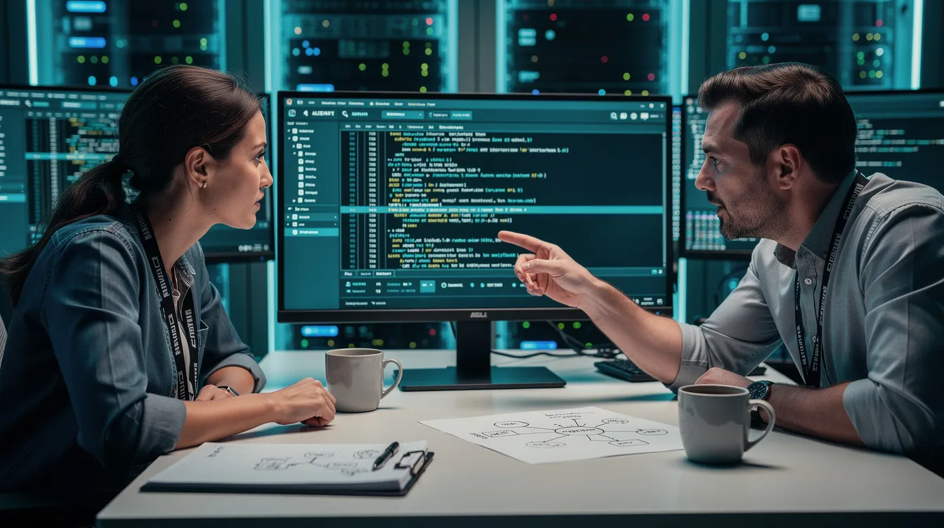 Two cybersecurity professionals are collaborating at a desk, analyzing log data on a screen to enhance their detection engineering program. They focus on refining detection rules and identifying malicious activity to improve threat detection and response within their security operations.
