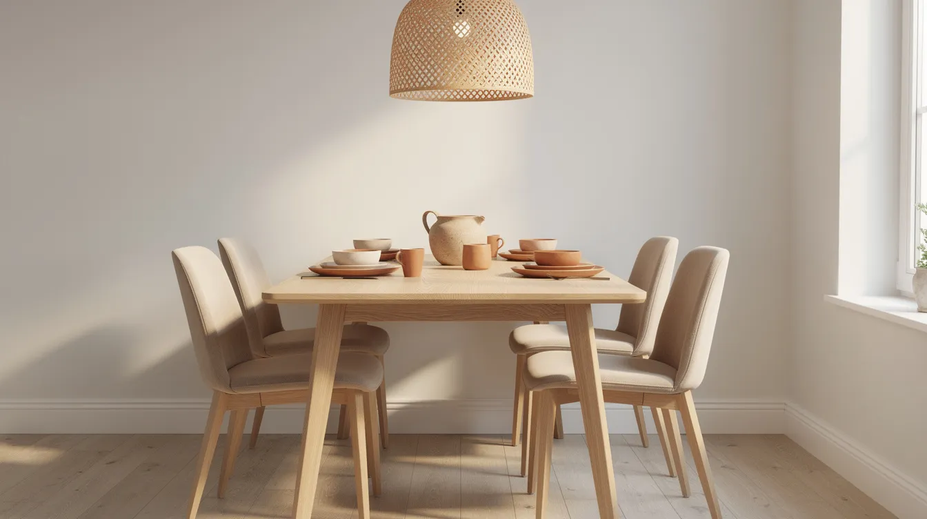 Een sfeervolle eethoek met een houten tafel en beige stoelen, verlicht door een rotan hanglamp. Het keramieken servies in warme aardetinten voegt een natuurlijke uitstraling toe aan het interieur.