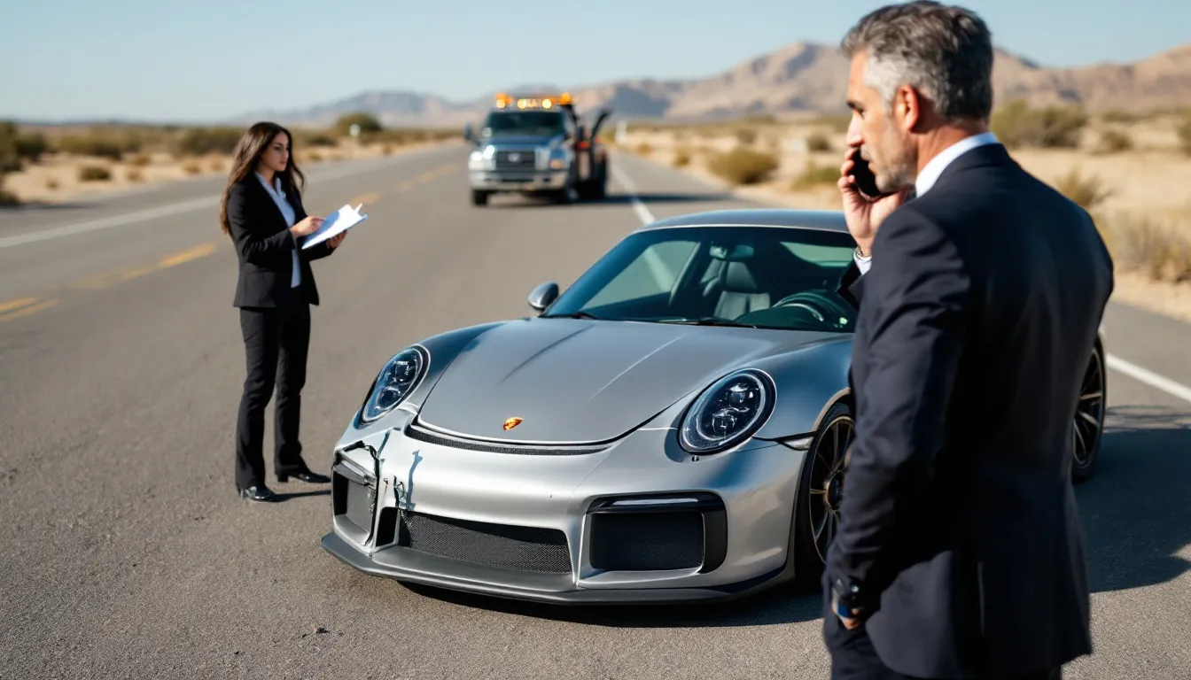 In the image, a person is taking photographs of a damaged car at the accident scene while on the phone, likely contacting a car accident lawyer for assistance. The scene captures the aftermath of a car accident, highlighting the importance of documenting evidence for potential car accident claims and legal support.