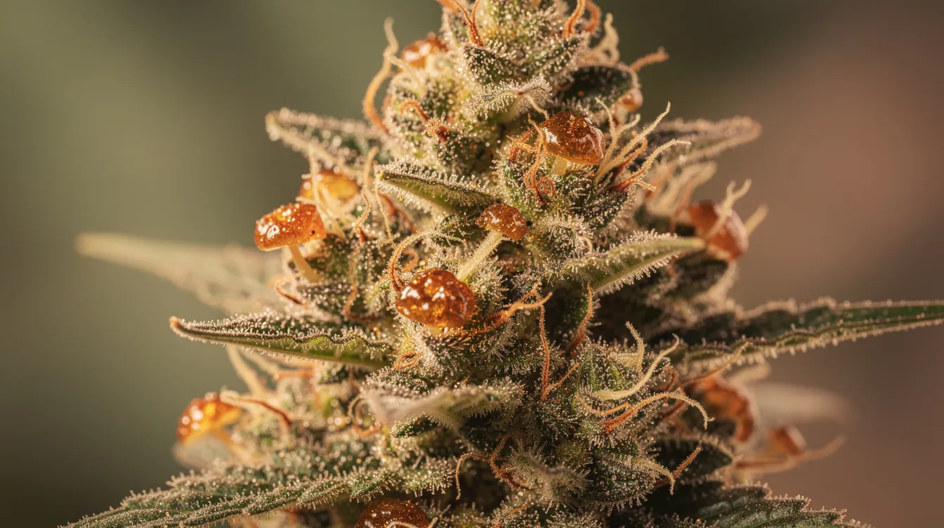 This close-up shows a mature cannabis flower covered in amber-colored trichomes. These trichomes are rich in cannabinoids such as CBN and THC, which are known for their relaxing effects and play a central role in the body’s endocannabinoid system.
