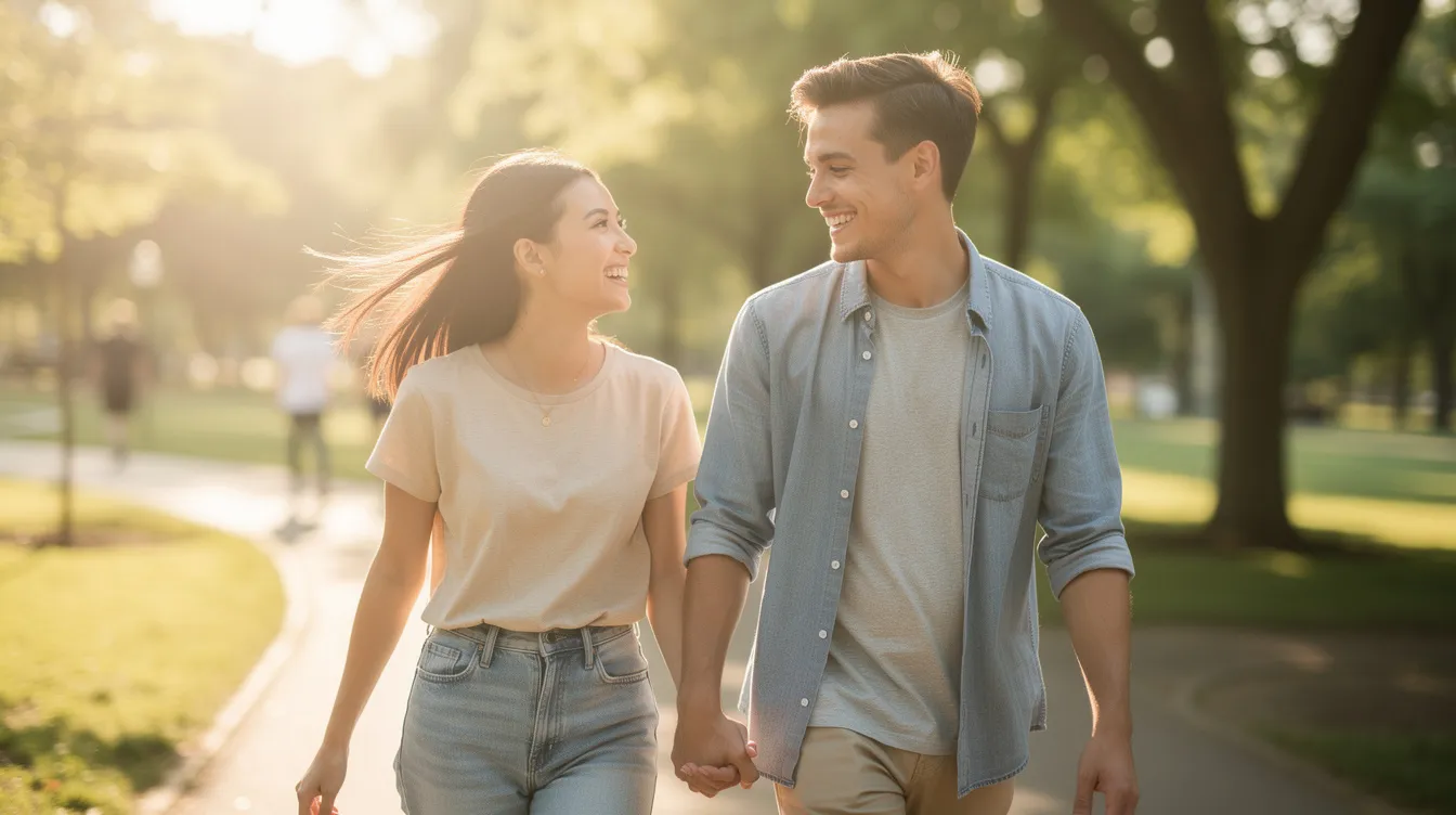 A young couple walks hand-in-hand outdoors, smiling and appearing happy and connected, symbolizing the joy of finding a perfect match through online dating. Their genuine connection reflects the potential for serious relationships often sought on popular dating apps.