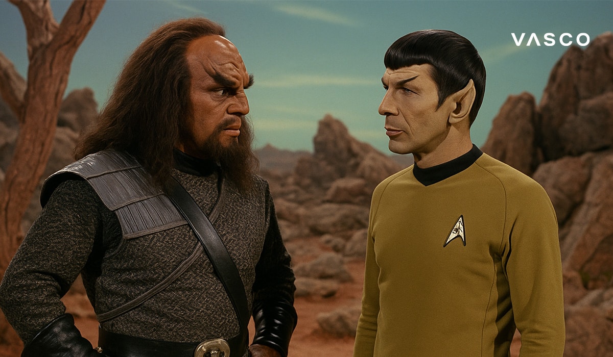 Two officers talking on a rocky planet