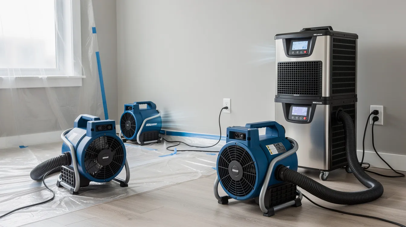 The image shows professional restoration equipment, including air movers and dehumidifiers, actively operating in a room to address water damage and moisture penetration. This equipment is essential for the drywall repair process, ensuring complete drying of affected areas to prevent mold growth and maintain structural integrity.