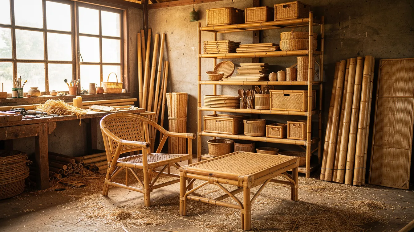The image showcases a variety of handcrafted bamboo furniture and household items meticulously arranged in a workshop setting, highlighting the rich cultural heritage of Assam. This display represents a promising business opportunity for aspiring entrepreneurs interested in profitable ventures that utilize natural resources and cater to local demand.