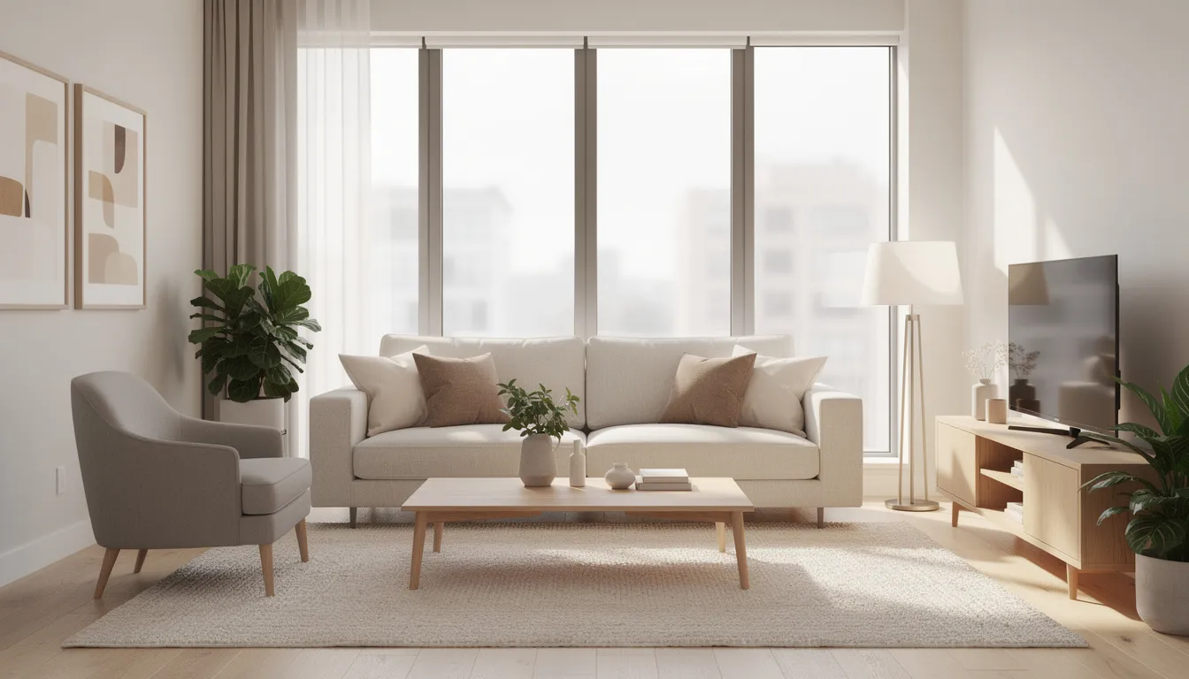 The image depicts a bright and staged apartment living room featuring neutral-colored furniture and large windows that allow natural light to fill the space, enhancing its appeal to potential buyers in the competitive North Carolina housing market. This inviting atmosphere showcases the property's strengths, making it an ideal setting for a successful property sale.