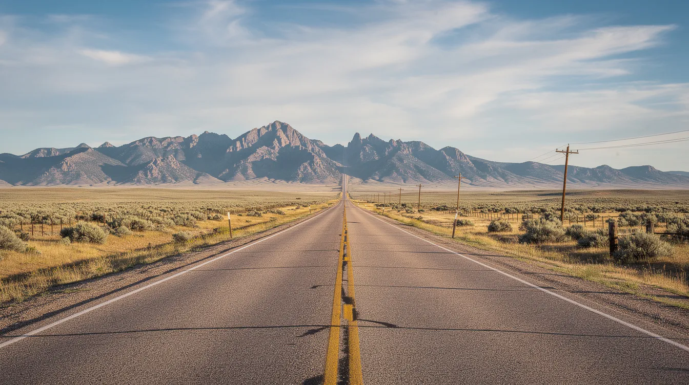 The image depicts a serene rural road winding through the expansive, open landscape of Wyoming, with majestic mountains rising in the distance. This peaceful scene contrasts with discussions around Wyoming gun laws, including topics such as concealed carry permits and the regulation of firearms in public spaces.