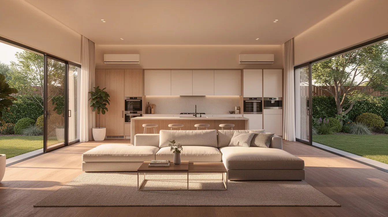 The image depicts a premium modern open-plan living room and kitchen area featuring large windows that provide a view of a garden, bathed in warm natural light. Two discreet wall-mounted split air conditioners are visible, ensuring a comfortable atmosphere in the space.