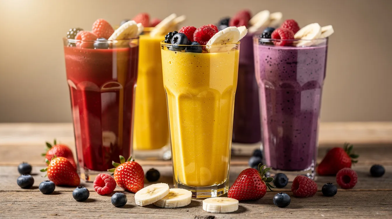 The image features tall glasses filled with vibrant fruit smoothies, topped with fresh berries and banana slices, set on a wooden table. The colorful drinks showcase a variety of fruits, highlighting their smooth consistency and inviting appearance, perfect for a refreshing treat.