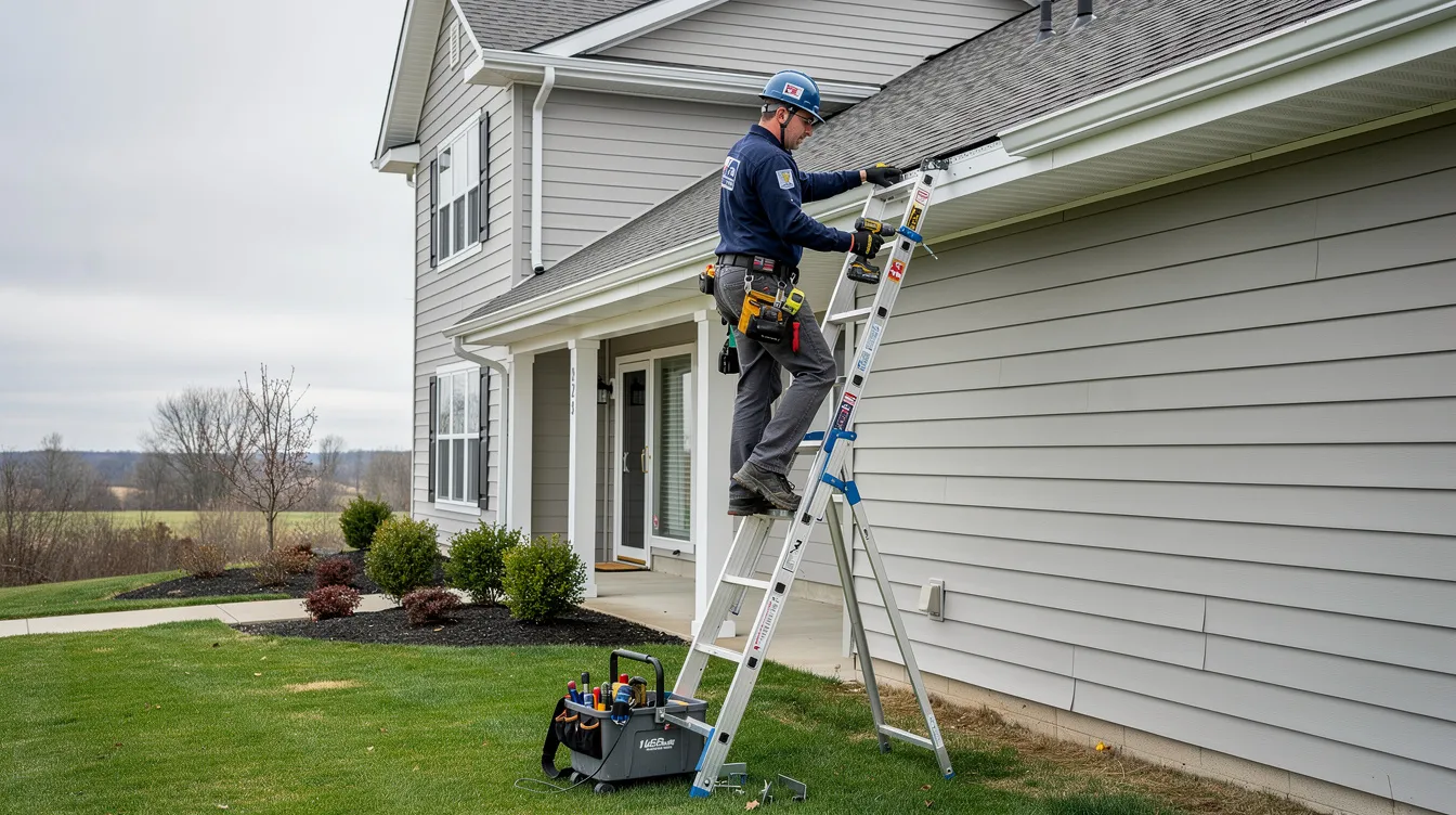 Gutter technician on a ladder performing gutter repair on a Pueblo, Colorado home.