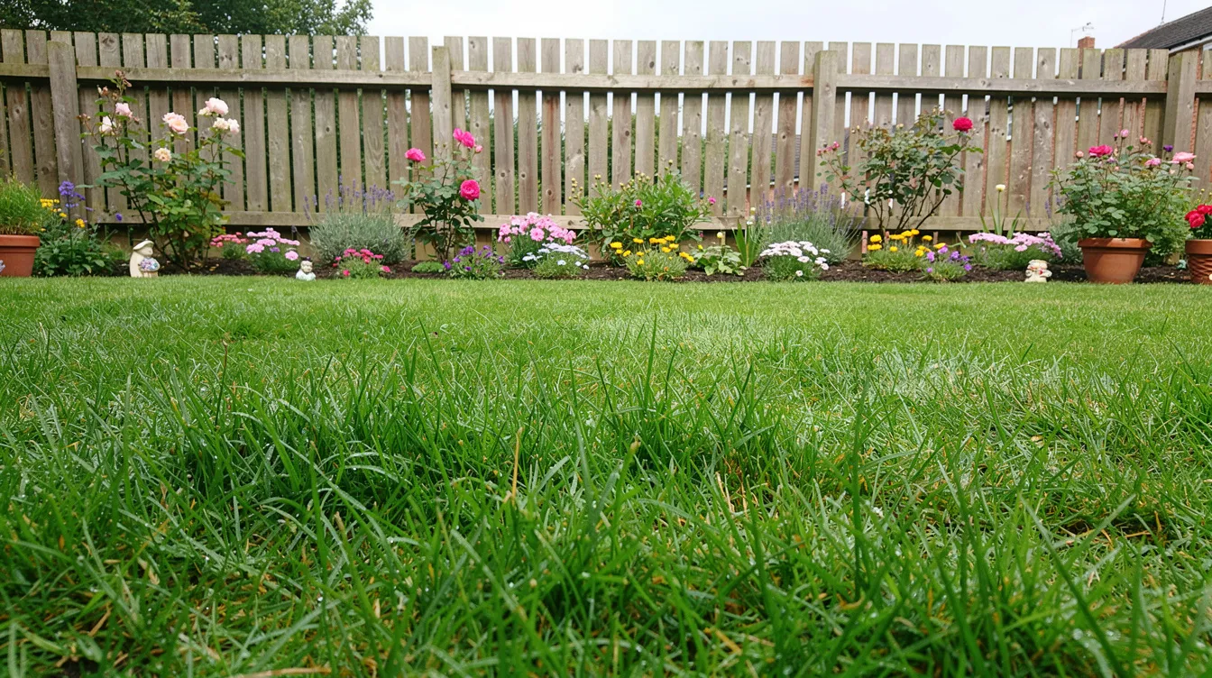 The image depicts a lush, thick green lawn in a UK suburban garden, bordered by a wooden fence and colorful flower beds, creating an attractive outdoor space. This vibrant lawn exemplifies the beauty of natural grass and offers a welcoming environment for family and pets.