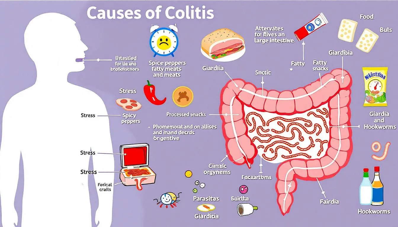 A visual representation illustrating various common causes of colitis in dogs, including stressful situations, inappropriate foods, and parasites, emphasizing the impact on the dog
