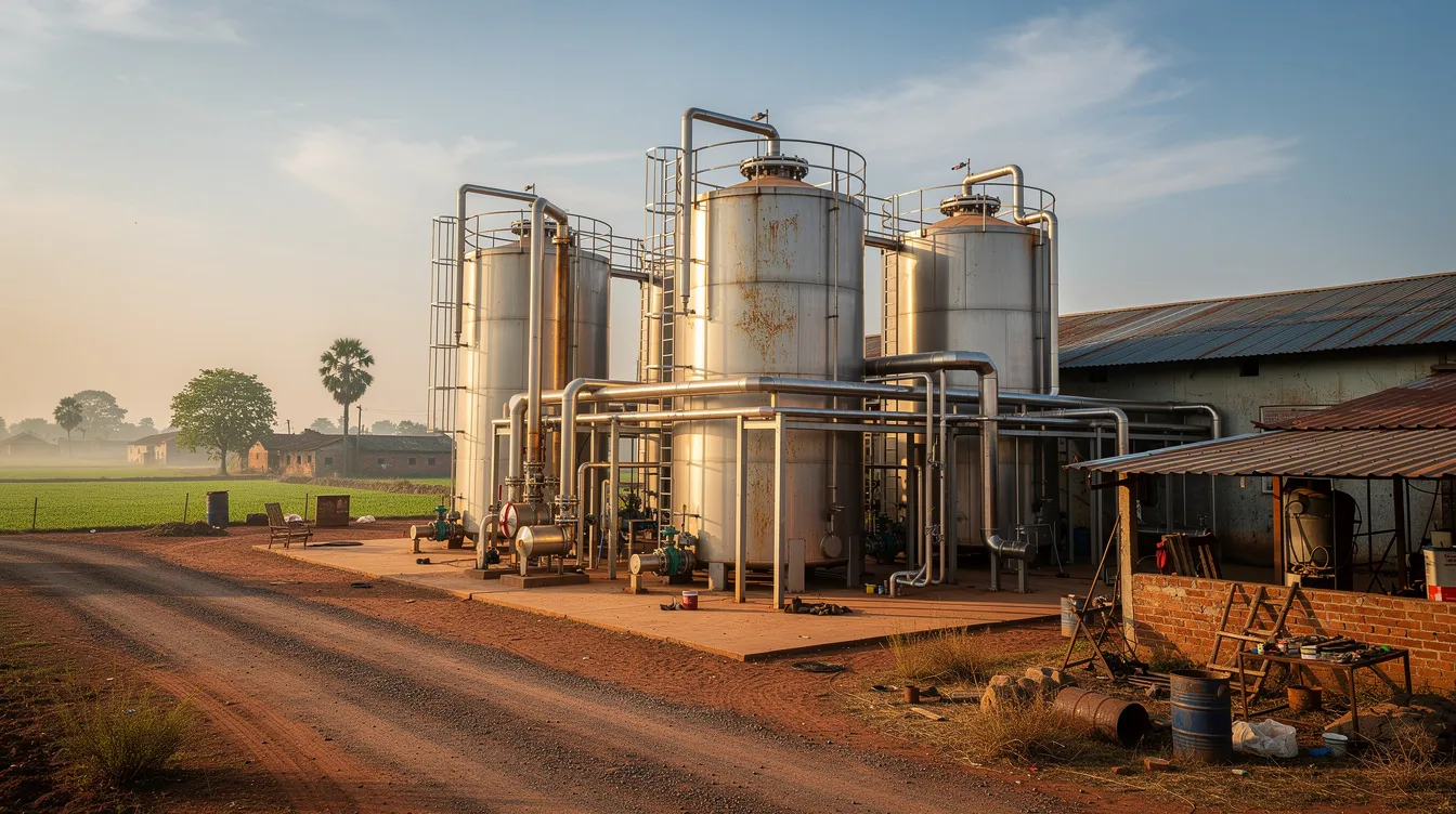 8f1ed725 7a73 4b1e 8f7b ef73cc433a5d The image depicts an industrial ethanol distillery set in a rural Indian landscape, featuring large metal storage tanks and an intricate network of piping infrastructure. This facility is likely involved in the ethanol production process, contributing to the ethanol supply for oil marketing companies in India.